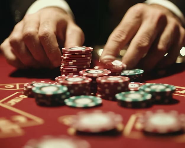 Player betting chips and hand positioning at an arena88 Domino QQ table